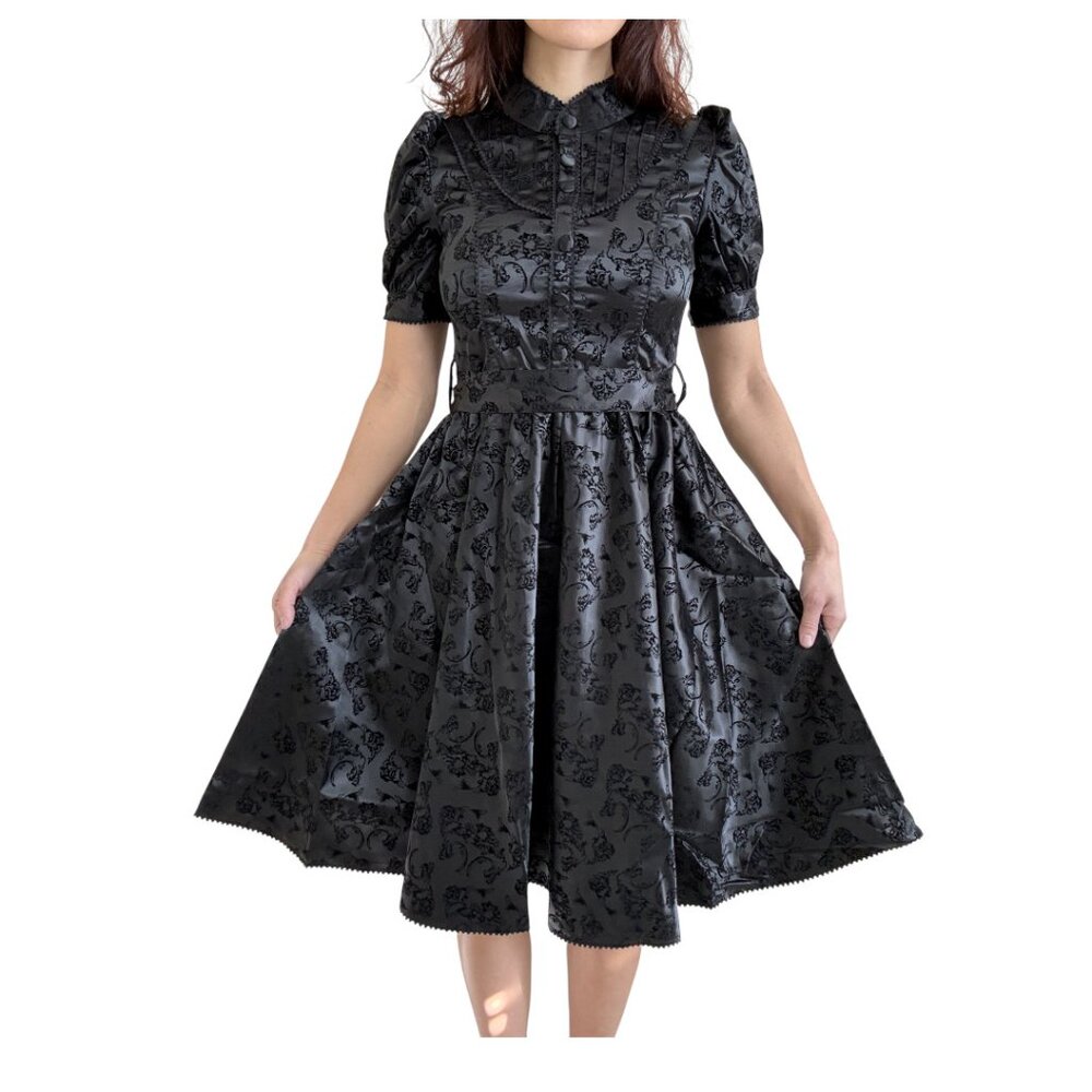 Victorian Gothic Satin Dress Skull Velvet Flocked Midi Party Dress Small